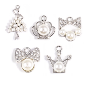 Pendentifs couronne et ballerine argentés avec perles et strass pour création de bijoux DIY