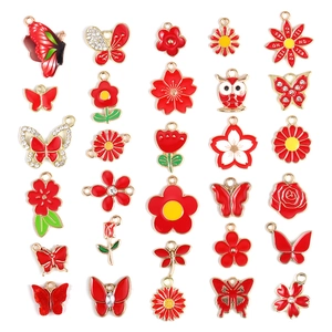 30er-Set rote Emaille-Anhänger mit Schmetterlingen und Blumen für DIY-Schmuckherstellung