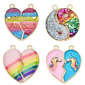 Magnetic best friends heart pendants with rainbow glitter and unicorn designs