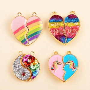 Best Friends magnetic heart pendant necklaces with rainbow, glitter, and unicorn patterns