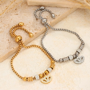 Bracciale a doppio cuore regolabile in acciaio inossidabile con pavé oro e argento