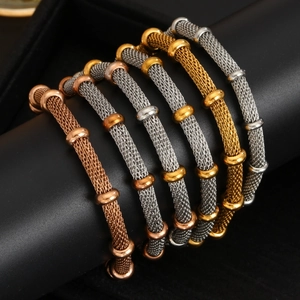 Pulsera Retro de Malla de Acero Inoxidable para Mujer Bañado en Oro 18K Diseño Minimalista Nudo de Bambú Joyería de Moda