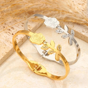 French Vintage Stainless Steel Rose Flower Bangle For Women 18K Plated Rhinestone Leaf Spring Opening Bracelet Fashion Jewelry
