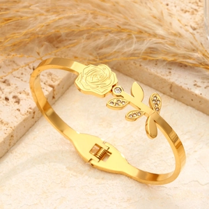 Elegant 18k gold plated stainless steel rose bangle with sparkling zircon leaf detail