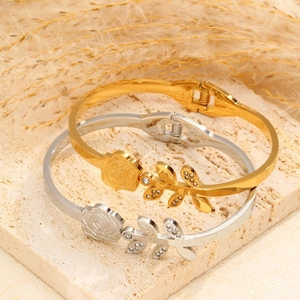French retro rose flower spring bracelet in gold and silver plating with zircon accents