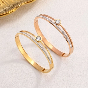 Bracciale Rigido in Acciaio al Titanio a Doppio Strato con Strass Pavé per Donna Gioielli di Lusso Oro Rosa Oro Acciaio