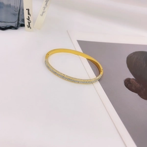 Detail view of gold titanium steel bangle featuring double rows of white zircon stones