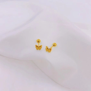 Golden titanium steel butterfly stud earrings with secure screw back on white silk