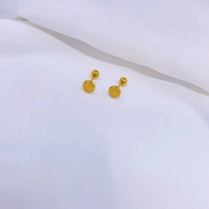 18K gold plated Fu character stud earrings with screw ball backs on white silk fabric