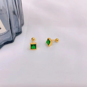 Square emerald green zircon stud earrings in 18K gold plated titanium steel screw back