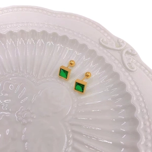 Square emerald green zircon stud earrings in gold plated stainless steel for women