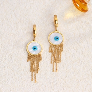 Elegante goudkleurige titaniumstalen oorbellen met blauw boze oog motief en fijne kwastjes