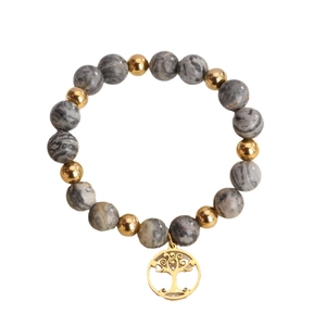 Kralenarmband met grijze marmeren stenen, gouden accenten en een Levensboom bedel