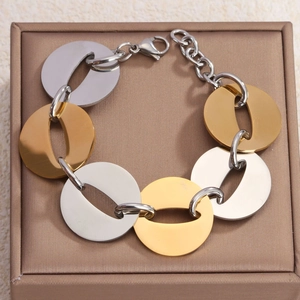 Bracelet Chaîne Épaisse Bicolore Pour Femmes Acier Inoxydable Maillons Ovales Géométriques Bijoux Mode Punk Finition Plaqué Or Argent
