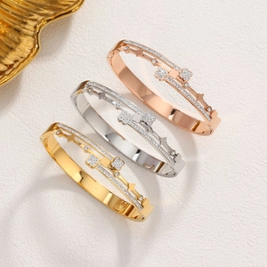 Fashion Stainless Steel Four Leaf Clover Bangle Double Layer Rhinestone Inlaid Open Cuff Bracelet For Women Elegant Jewelry