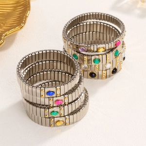 Vintage Stainless Steel Elastic Watchband Bracelet For Women 18K Gold Plated Colorful Gemstone Inlaid Stretch Bangle Jewelry