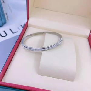 Silver titanium steel bangle with double-row crystals and red jewelry gift box display