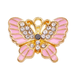 Detail of pink enamel butterfly charm with sparkling rhinestones and gold-plated edges
