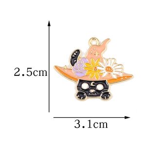 Enamel black cat wizard hat pendant with floral details and size dimensions
