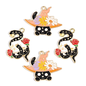 Gothic Enamel Alloy Halloween Charms Black Cat Witch Hat And Snake Skull Pendants For DIY Jewelry Necklace Earring Making