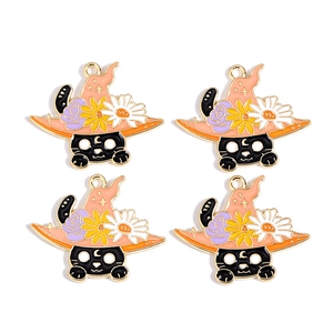 Enamel black cat pendants with orange witch hats and floral details for DIY jewelry making