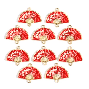 10er-Set rote Emaille-Fächer-Anhänger mit Pflaumenblüten für DIY-Schmuckherstellung