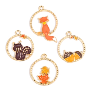Pendentif en Alliage Émaillé Dessin Animé Thème Automne Renard Écureuil Feuille d'Érable Gland DIY Bijoux Pour Porte-clés