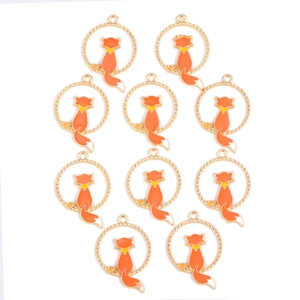 Lot de 10 pendentifs renard en émail orange avec cadres circulaires dorés pour bijoux DIY