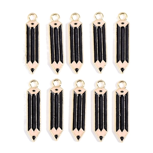 Detailed set of ten pink and black enamel pencil charms with gold alloy loops for DIY