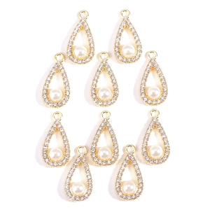 Lot de 10 pendentifs gouttes dorés ornés de strass et perles d'imitation blanches