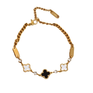 18k vergoldetes Kleeblatt-Armband aus Edelstahl mit Perlmutt und Zirkonia-Anhängern