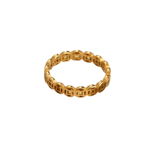 Polished gold titanium steel ring featuring continuous traditional Chinese coin motifs