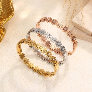 Bracelet Jonc Marguerite Acier Inoxydable Strass Incrusté Charnière Bijoux Floraux Pour Femmes Élégant Minimaliste