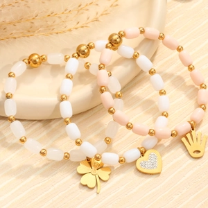Bracelet Bohème en Acier Inoxydable avec Perles pour Femmes Quartz Rose Breloques Plaqué Or Cœur Trèfle à Quatre Feuilles Étoile de Mer Coquillage Pièce Bijoux de Mode