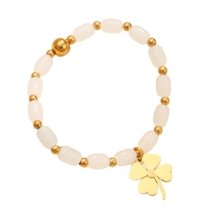 Bracelet en quartz rose et perles blanches avec pendentif trèfle doré pour femmes