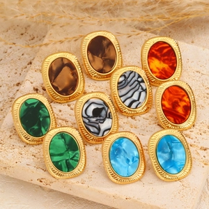 Ensemble de boucles d'oreilles ovales en acier titane rétro avec pierres multicolores