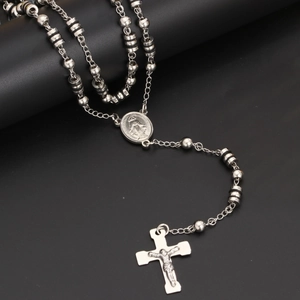 Silver religious rosary necklace with 18k vacuum plating beads and crucifix pendant