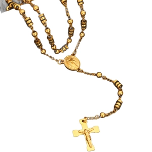Polished 18k gold plated rosary necklace with crucifix and Virgin Mary medal charms