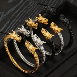 Brazalete Abierto de Acero Inoxidable con Doble Cabeza de Dragón para Hombre Pulsera de Puño Punk Hip Hop Joyería