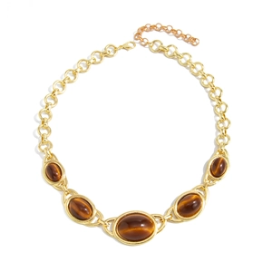 Vintage tijgeroog kralenketting met geometrische gouden hangers en karabijnsluiting