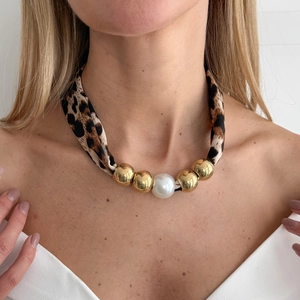 Leopard print silk scarf necklace with a large white pearl and gold metal beads