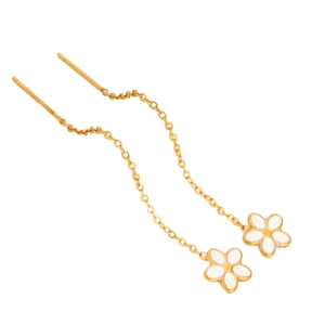 Elegante goldene Titanstahl-Ohrringe mit langen Quasten und weißen Emaille-Blütenanhängern