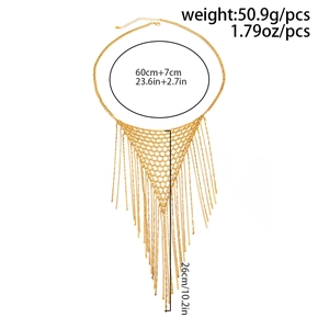 Detailed view of punk metal mesh chain necklace with layered fringe tassels and measurements