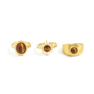 Dreiteiliges Retro-Ring-Set aus Gold mit Tigerauge-Steinen im Vintage-Boho-Sonnen-Design