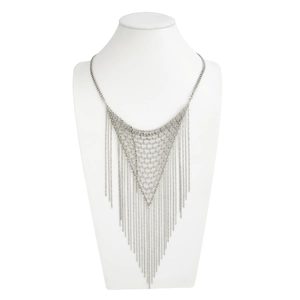 Detail of silver layered fringe mesh necklace with cascading metal chain tassels