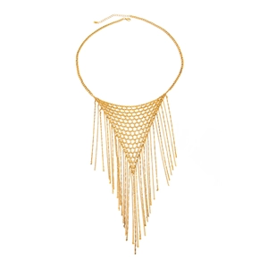 Gold-tone woven mesh body chain featuring long fringe tassels in a V-shaped boho design