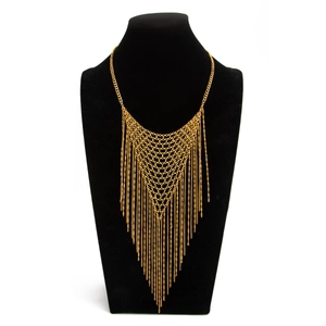 Golden punk multi-layer mesh fringe necklace with V-shaped heavy chain choker design