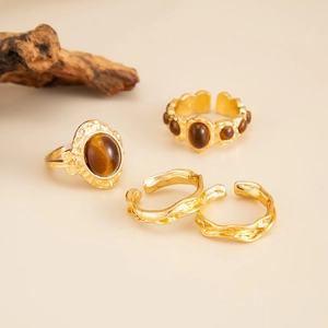 Vintage Ringset in Gold mit Tigeraugen-Steinen und gehämmerter Lava-Textur für Damen
