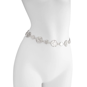 Detail showing vintage silver textured metal chain with irregular hammered plates on a model