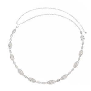 Detail of silver belt chain with hammered oval metal links and lobster clasp closure